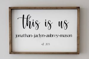 Shadow box style framed saying "This is us" with family members names and date established.