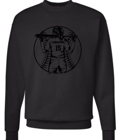 .Custom Softball player Puff Black on Black Crewneck Sweatshirt.