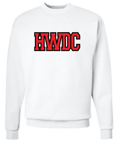 .Unisex white HWDC crewneck sweatshirt.