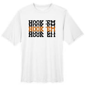 .Stacked HOOK 'EM White Short Sleeve Dry Fit tee.