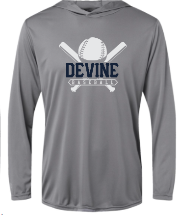 .30 SPF long sleeve hooded Devine Baseball tee.