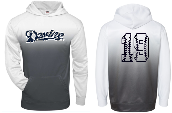 .Ombre hooded Devine Baseball sweatshirt with number on the back.