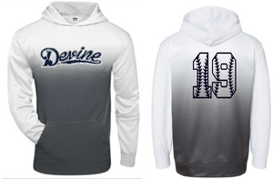 .Ombre hooded Devine Baseball sweatshirt with number on the back.