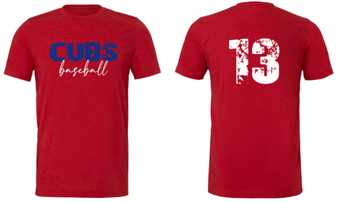 . Heathered Red Bella Canvas Custom Cubs baseball Tee.