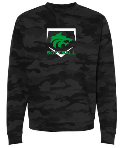 .Black Camo Adult Softball Crewneck Sweatshirt.