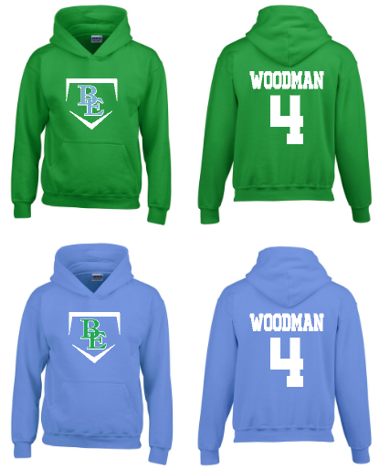 . BE Homeplate Sweatshirt with Solid Name and Number.