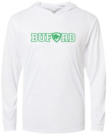 .Unisex Long Sleeve Hooded White Buford Tee.