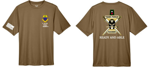 .Coyote Brown Dry Fit Tee with personalization.