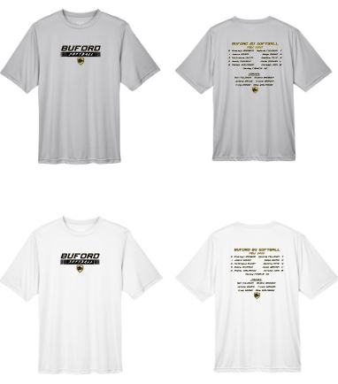 .Buford Softball Dry Fit Tee with Roster on the back.