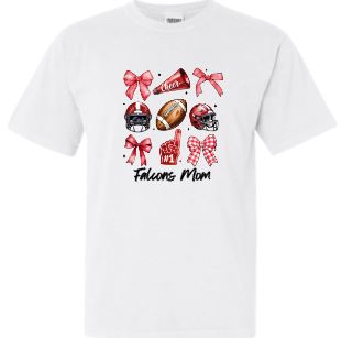 .Falcons Mom-Football/Cheer Stacked White Comfort Colors Tee.