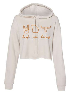 .Women's Cropped Hoodie-Heather Dust-Hook 'em Horns.