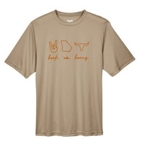 .Khaki Hook 'em Horns Short Sleeve Dry Fit Tee.