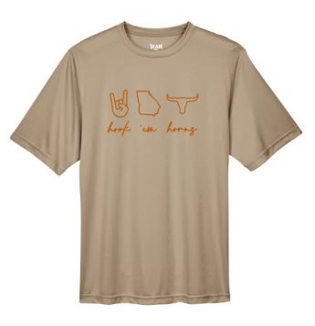 .Khaki Hook 'em Horns Short Sleeve Dry Fit Tee.
