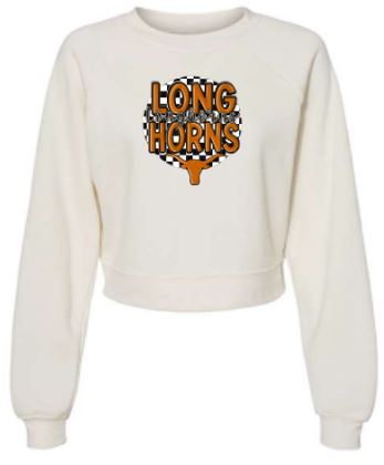 .Vintage White Longhorns Cropped BELLA + CANVAS - Women's Raglan Pullover Fleece.