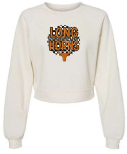 .Vintage White Longhorns Cropped BELLA + CANVAS - Women's Raglan Pullover Fleece.