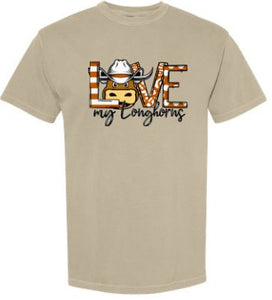 .Khaki Love my Longhorns Comfort Colors Short Sleeve.