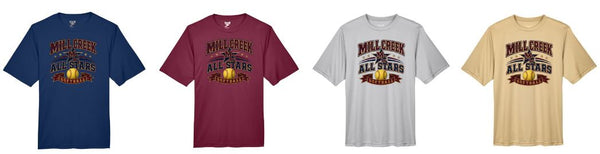 .Mill Creek All Stars Dry Fit Tee with Roster on the back.