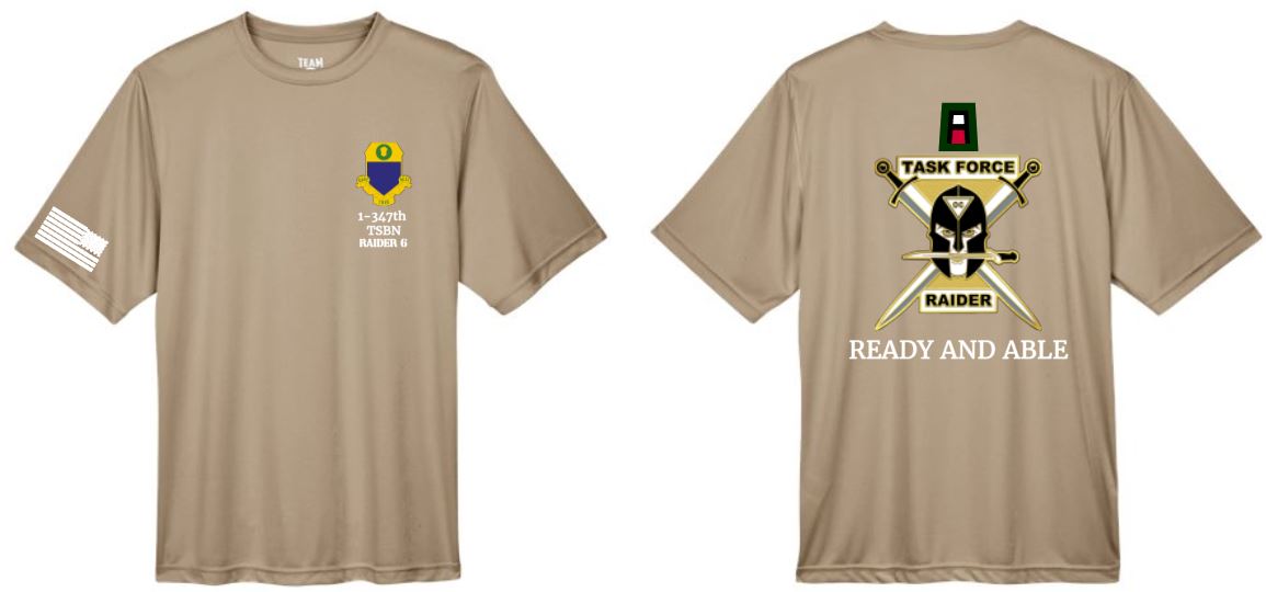 .Tan Dry Fit Tee with personalization.