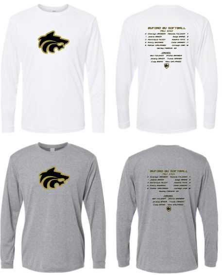 .Unisex Long Sleeve Wolf Performance Tee with roster.