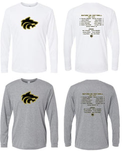 .Unisex Long Sleeve Wolf Performance Tee with roster.