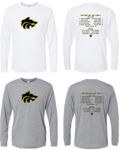 .Unisex Long Sleeve Wolf Performance Tee with roster.