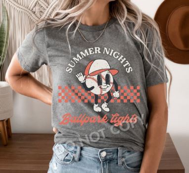 .Summer Nights and Ballpark lights-baseball Bella Canvas Tee.