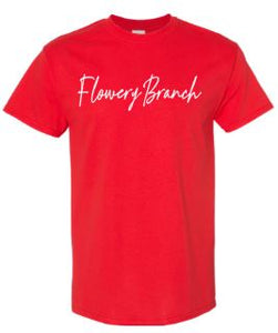 .Flowery Branch script Cotton Unisex RED YOUTH Tee.